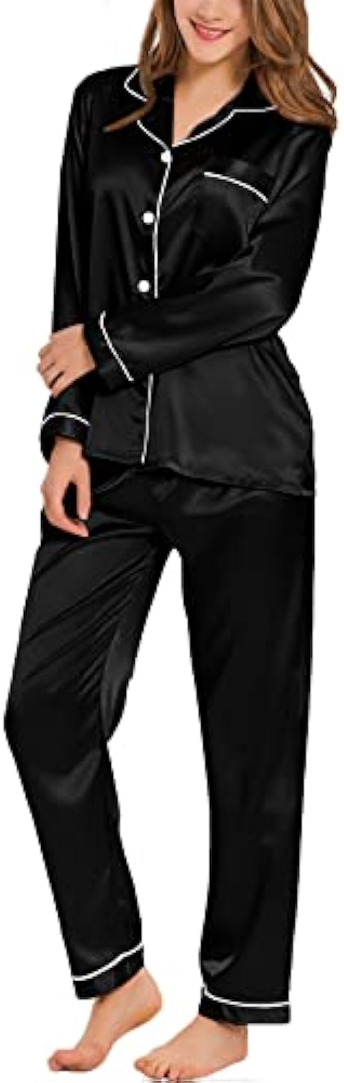 SWOMOG Womens Silk Satin Pajamas Loungewear Two-piece Sleepwear Button-Down Pj Set