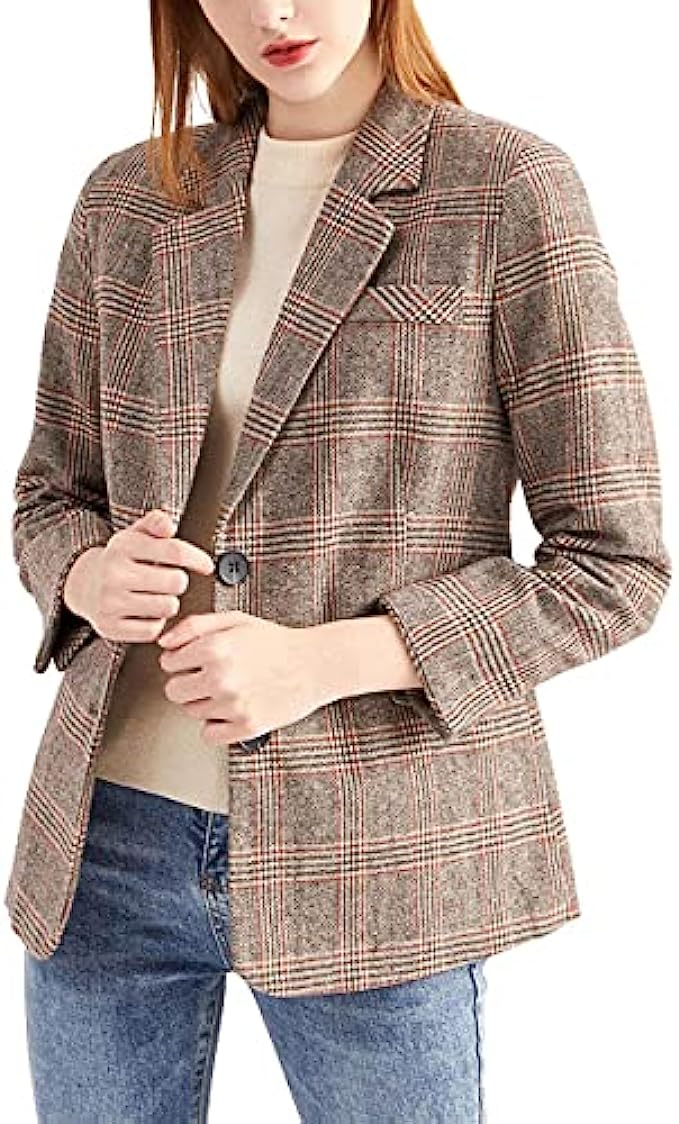 ebossy Women&#039;s Notch Lapel 2 Button Boyfriend Blazer Suit Houndstooth Plaid Jacket Coat