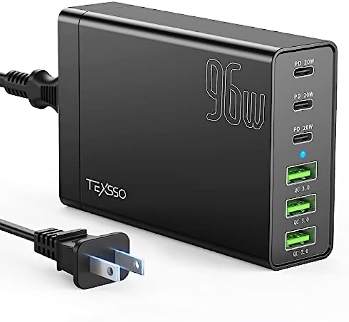 USB C Charging Station, TEXSSO 96W 6-Port Desktop USB Charger with 3 USB-C Ports +3 USB-A Ports, Portable Multiport PD Fast Charger for iPhone 13 12 Pro Max, iPad Series, Samsung Galaxy and More