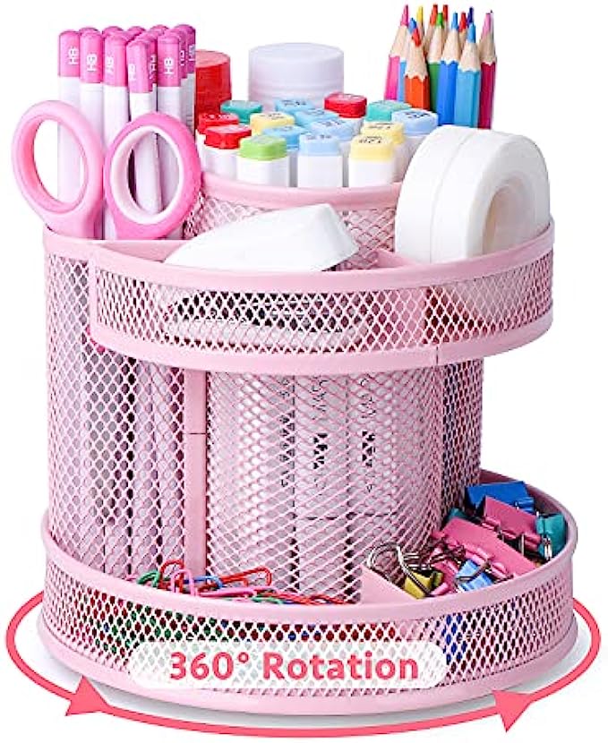 Cute Rotate Desk Organizer, Kawaii Mesh Desk Accessories Pen Holder Stationery Carousel, Spinning Pencil Storage Caddy Tray for School, Home, Office Supplies - Pink