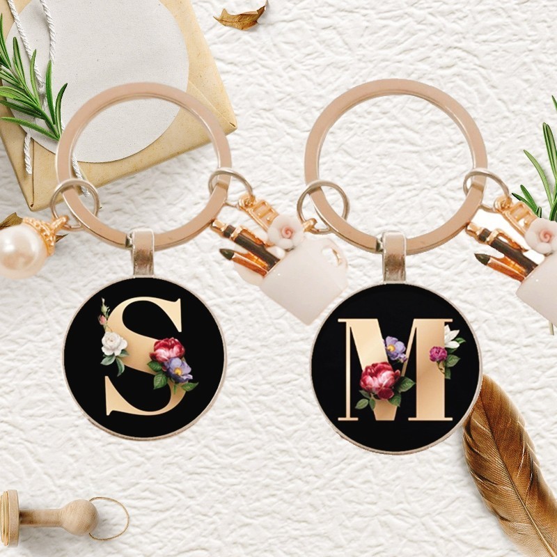 Fashion Charm Enamel Pen Holder for Teacher's Day Gifts Elegant Pearl A-Z Letter Pattern Glass Cabochon Key Ring